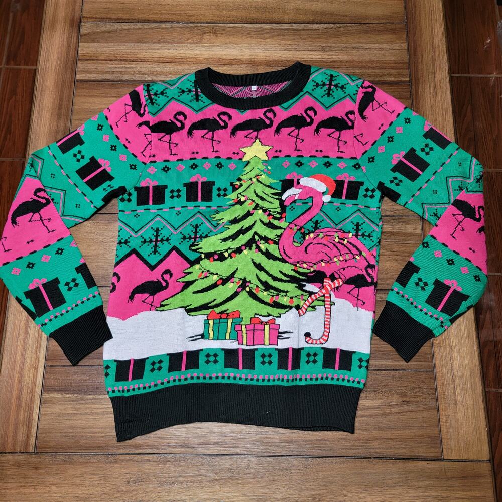 Christmas Knit LS Sweater Neon Pink Flamingo Christmas Tree - Size Small